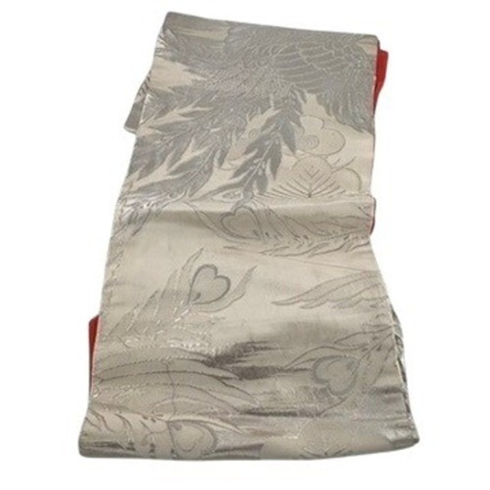 Stunning Vintage Japanese Obi Sash Crane‎ Floral Silver Gold Red Silk Blend